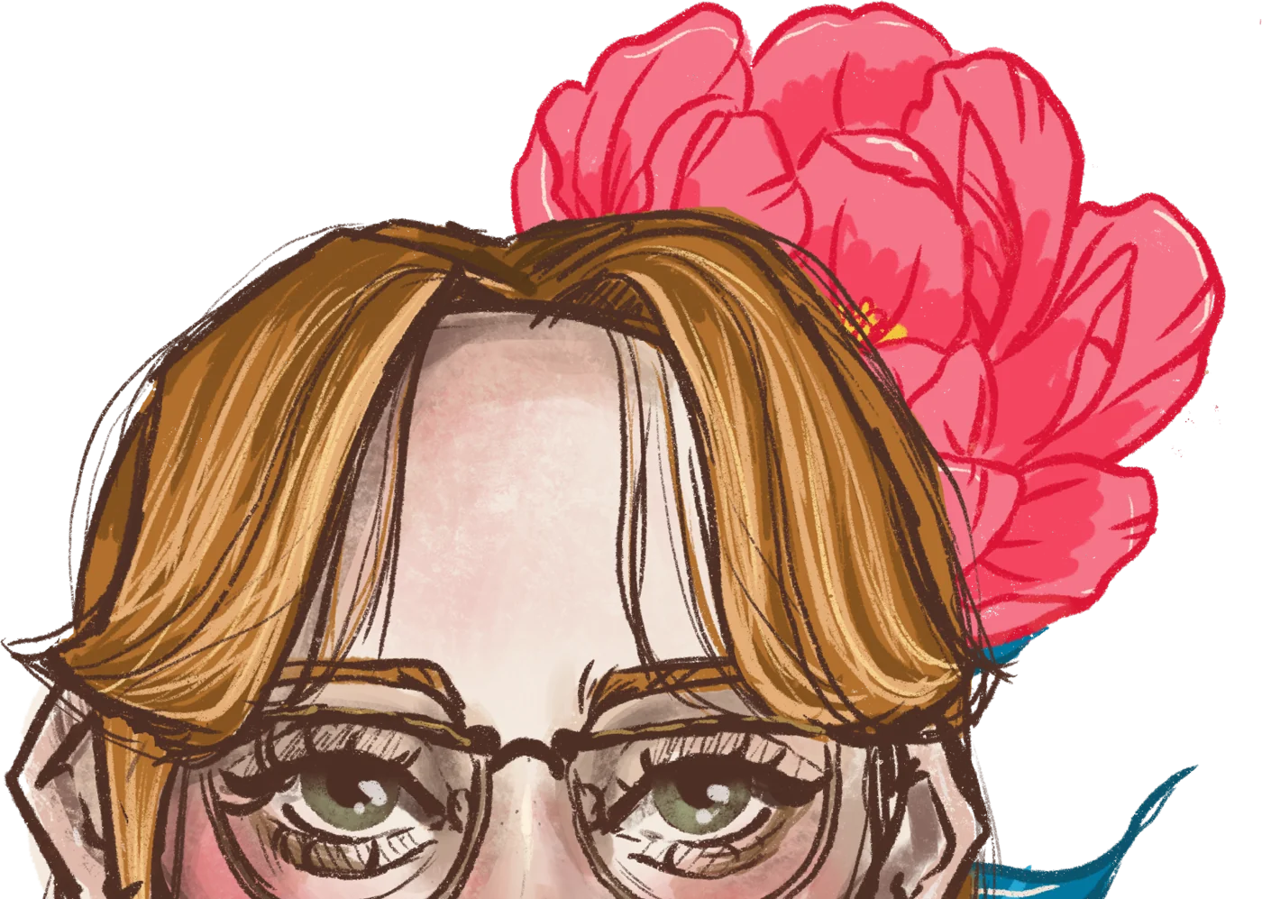 Illustrated self-portrait: Mariola with round glasses and a pink peony in her hair
