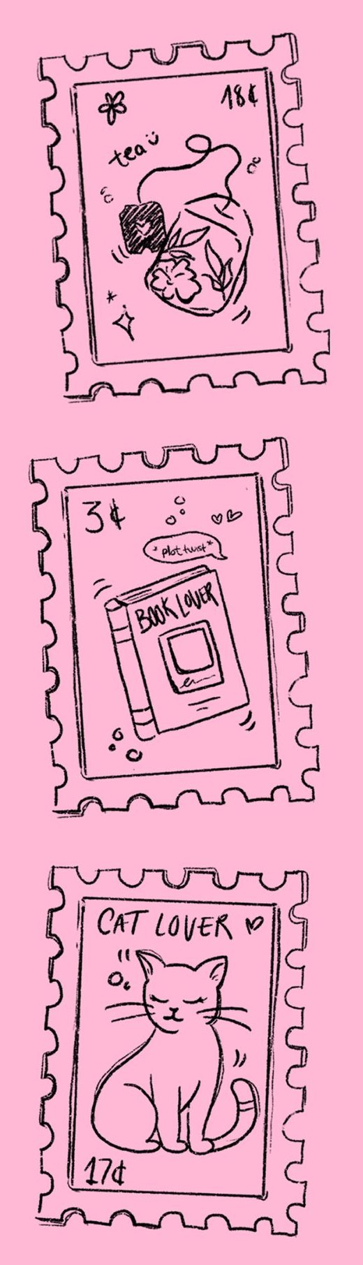 Hand-drawn stamps: tea, book lover and cat lover