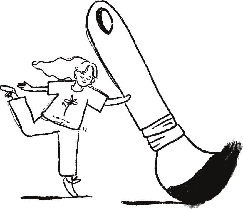 Doodle of a girl dancing next to a giant paintbrush