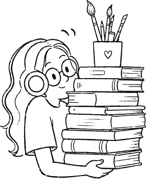 Doodle of Mariola carrying a stack of books