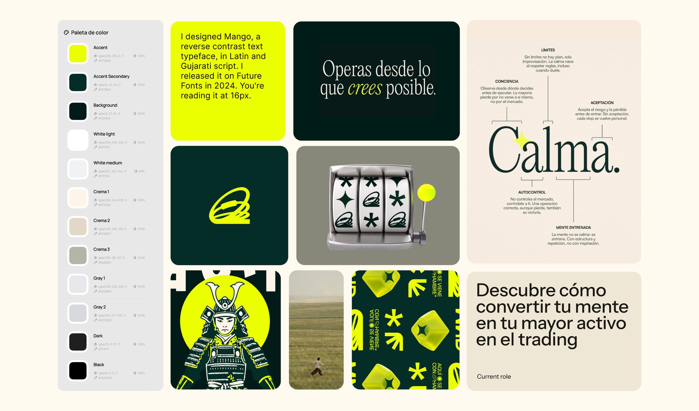 TradingMind brand board: color palette and campaign pieces