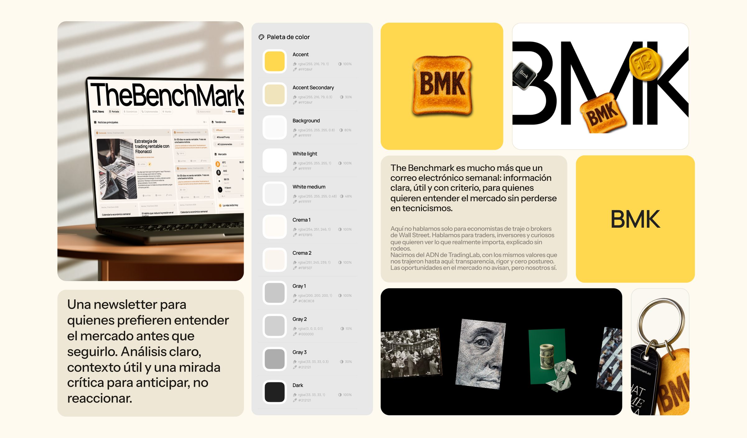 TheBenchMark brand board: newsletter, palette and merchandise