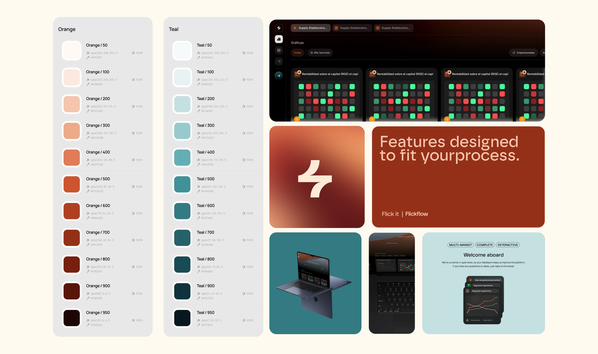 Flickflow brand board: orange palette and product screens