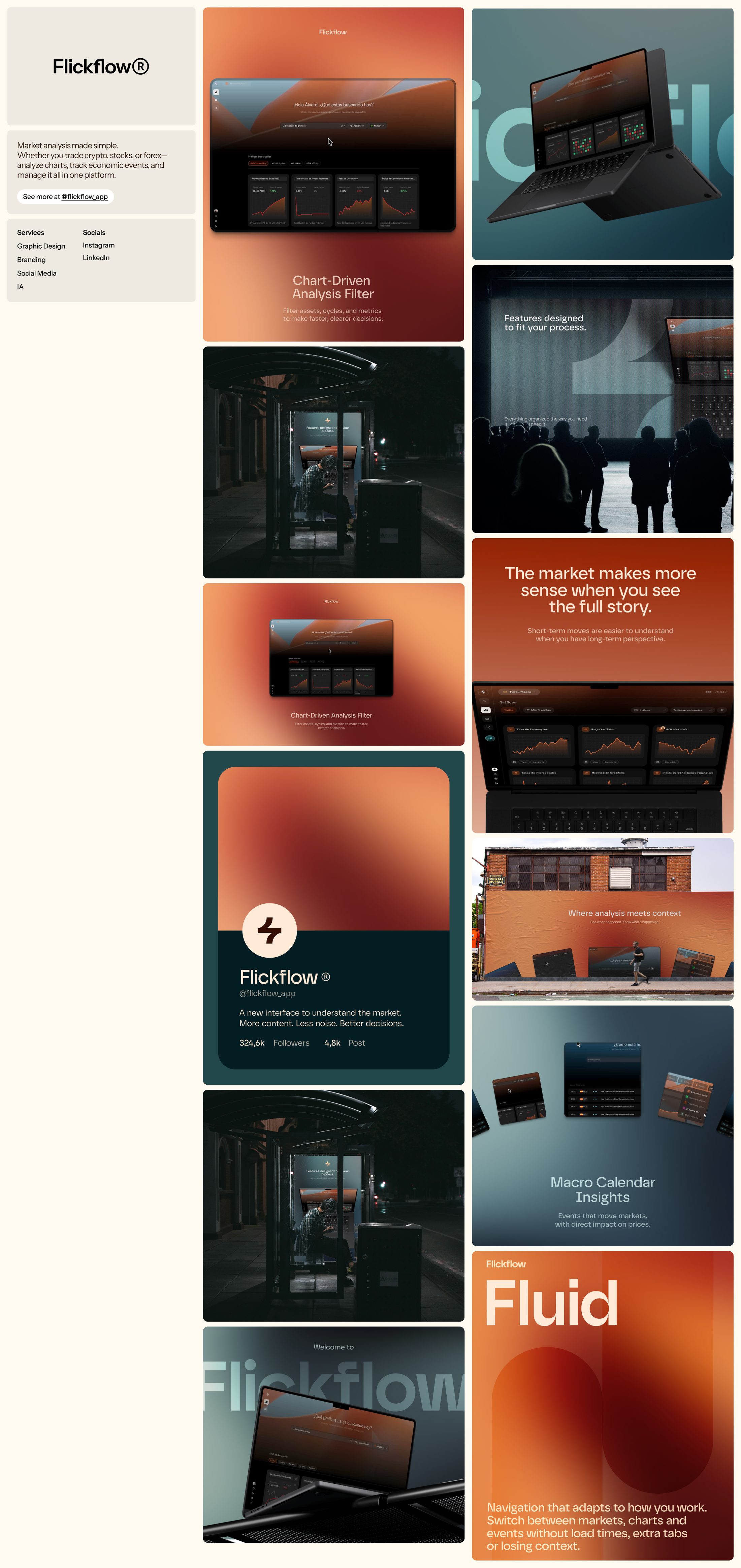 Flickflow brand and product gallery: market analysis app screens