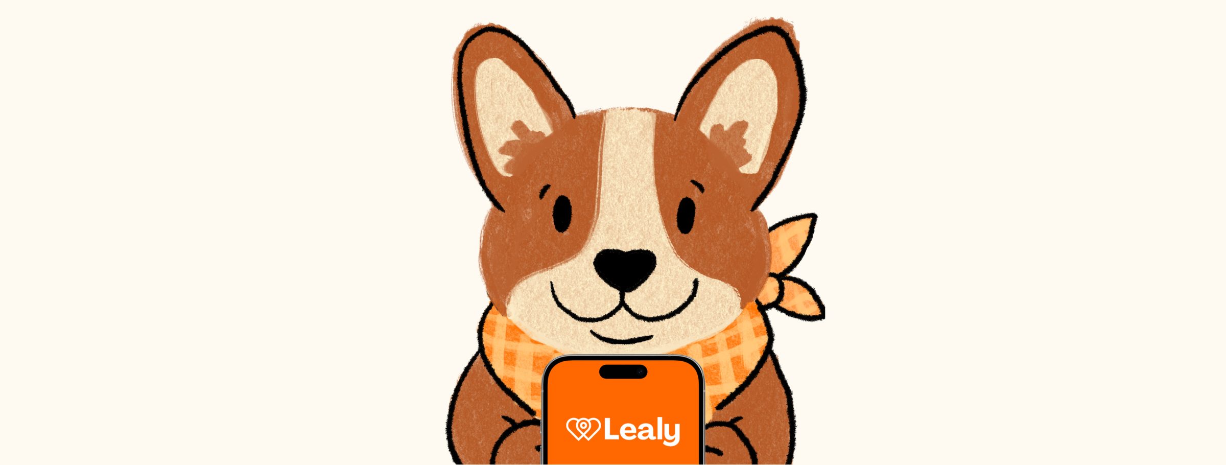 Illustrated corgi mascot holding a phone with the Lealy logo