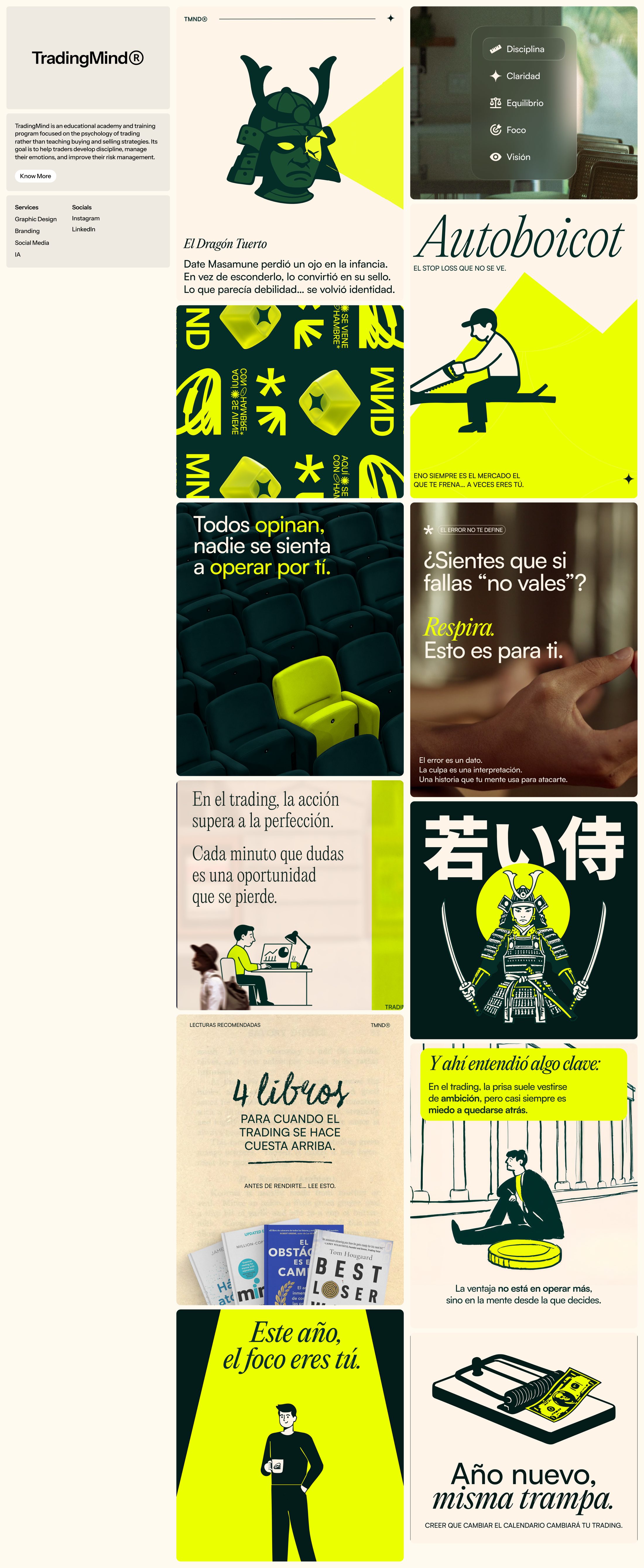 TradingMind social media gallery: samurai illustrations and trading psychology posts