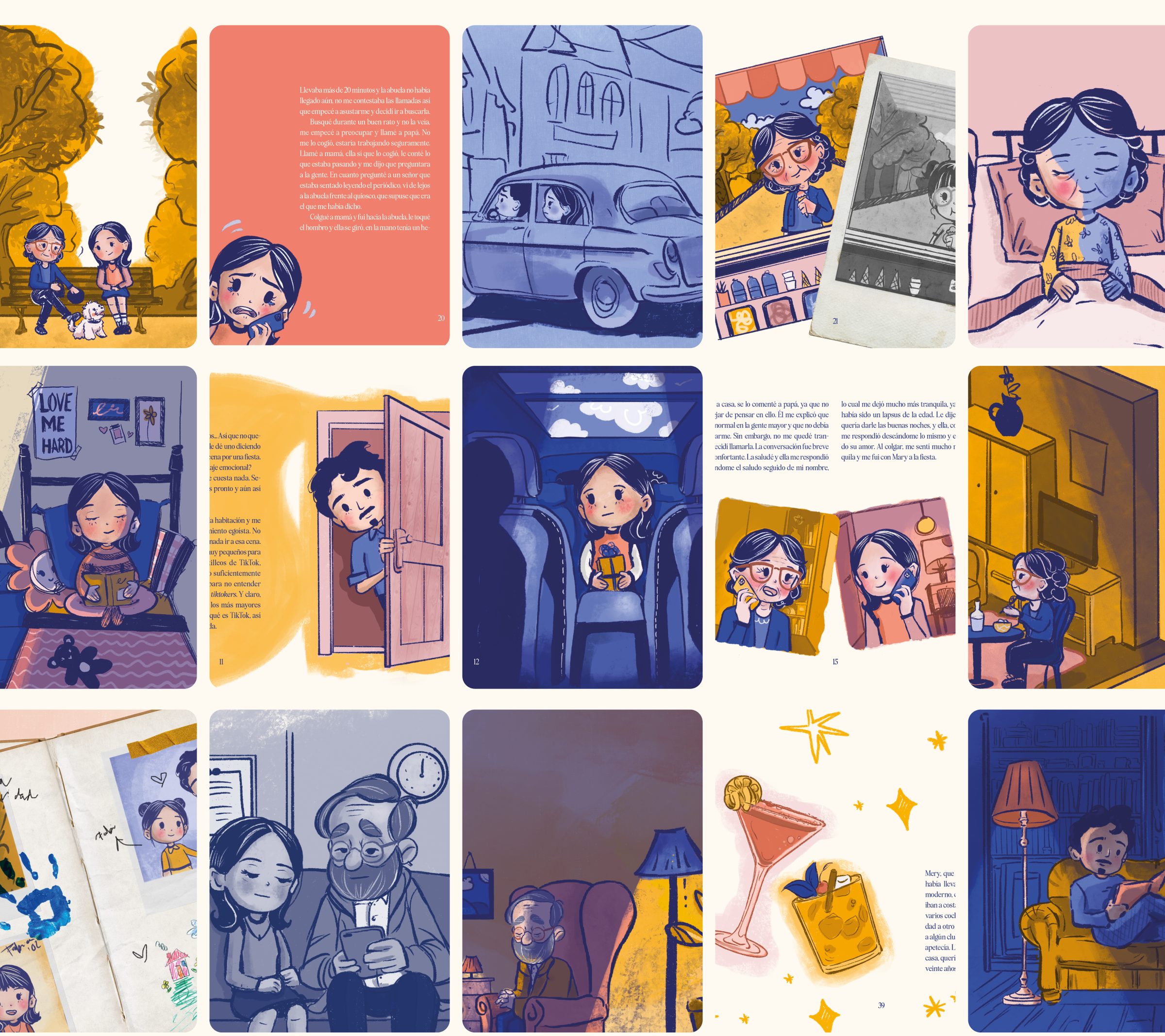 Spreads and illustrations from the Myosotis book