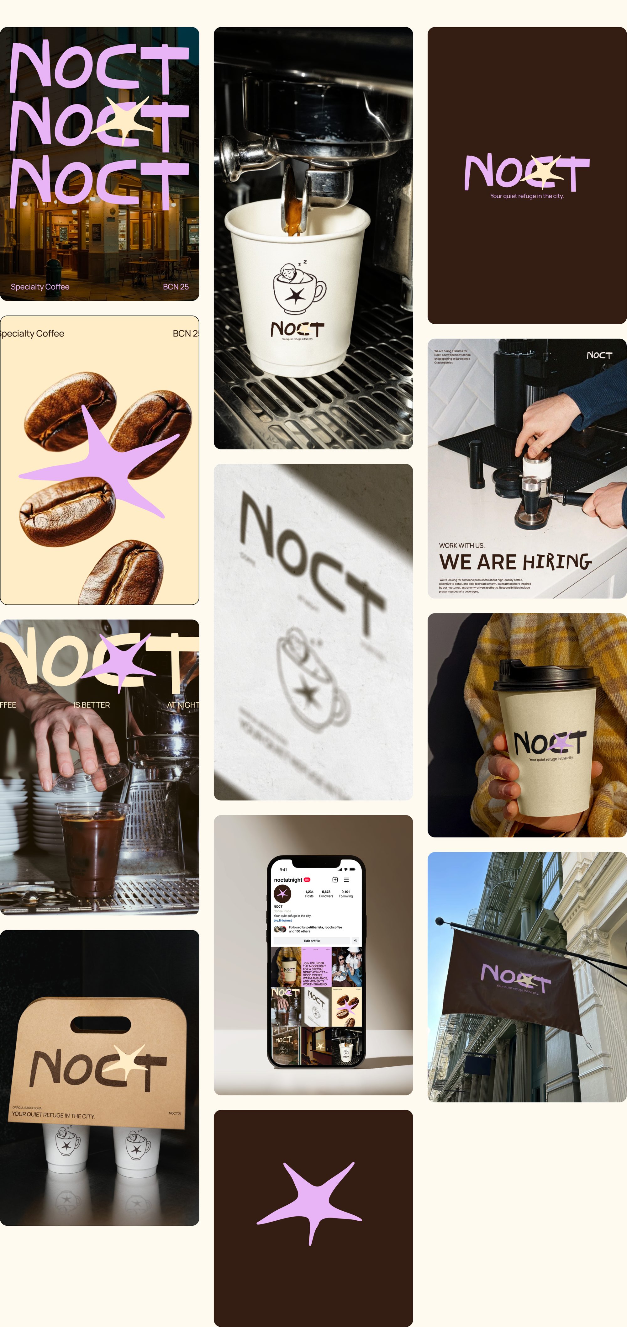 Noct branding: packaging, signage, merchandise and social media